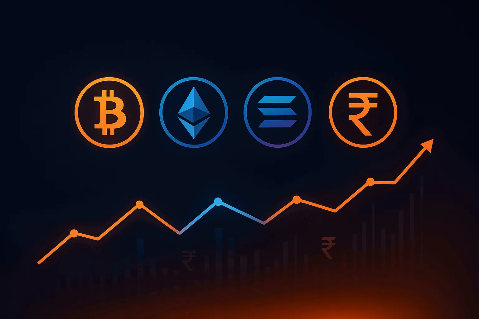 Top crypto coins Bitcoin, Ethereum, Solana above glowing financial charts with Indian Rupee symbols — best crypto to invest in 2025 in India