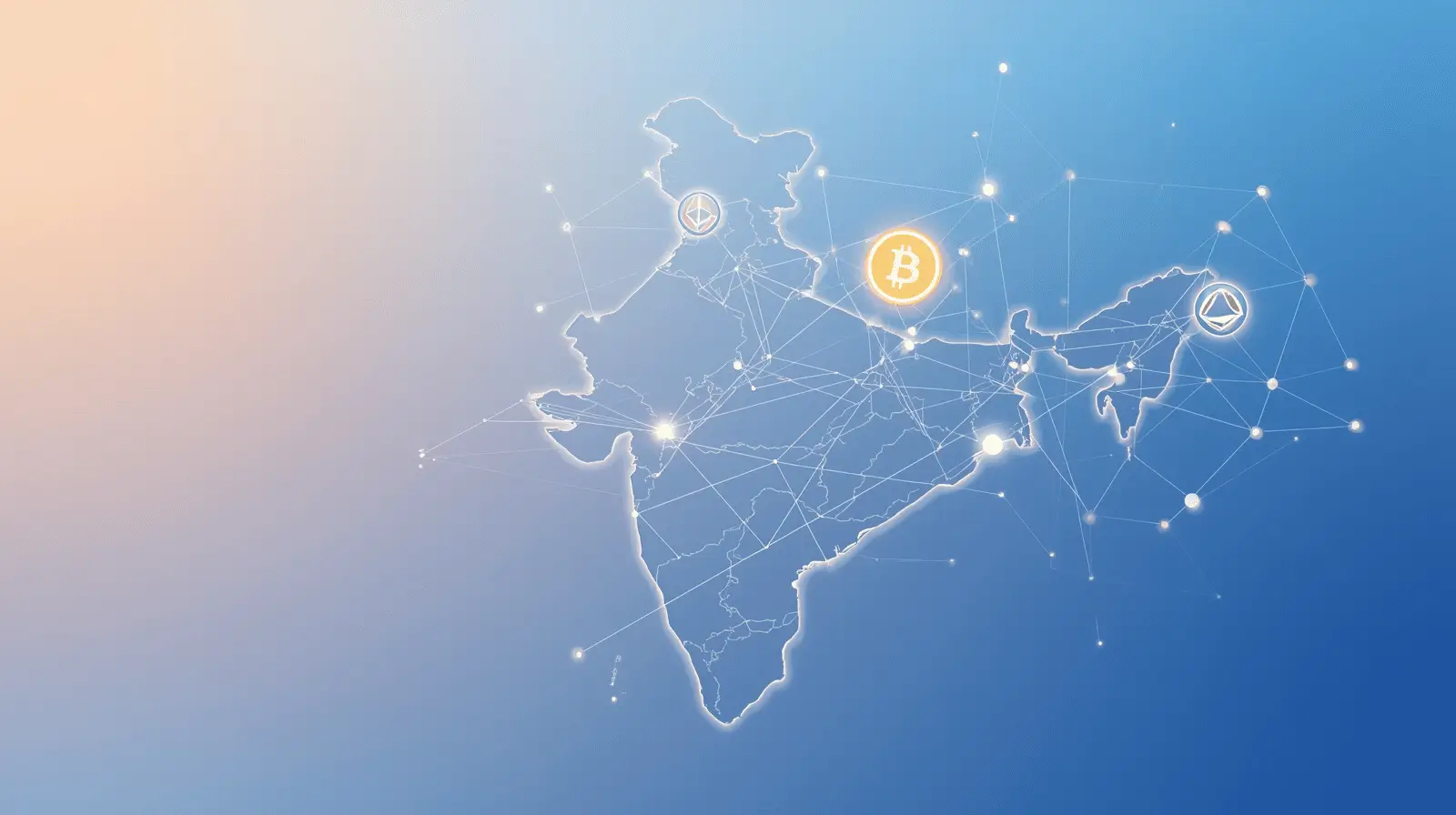 India map with glowing blockchain network and floating crypto icons — symbol of cryptocurrency investment in India