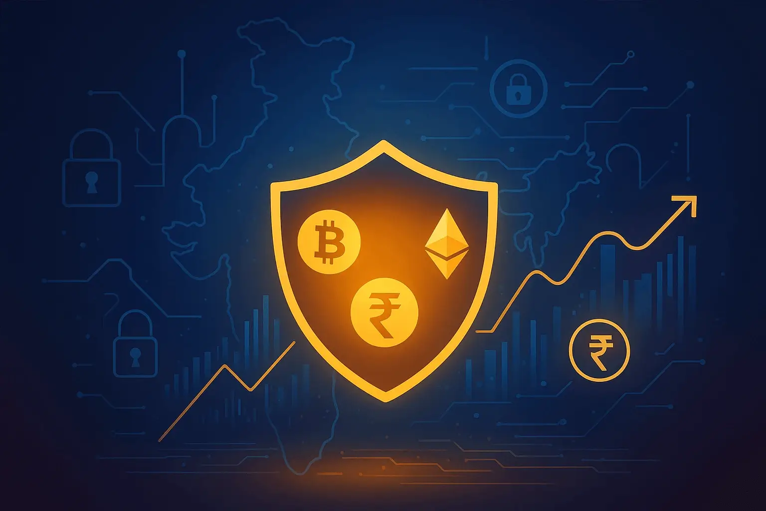 Glowing shield with Bitcoin, Ethereum, and Indian Rupee symbols integrated into holographic charts — safe cryptocurrency investment in India 2025